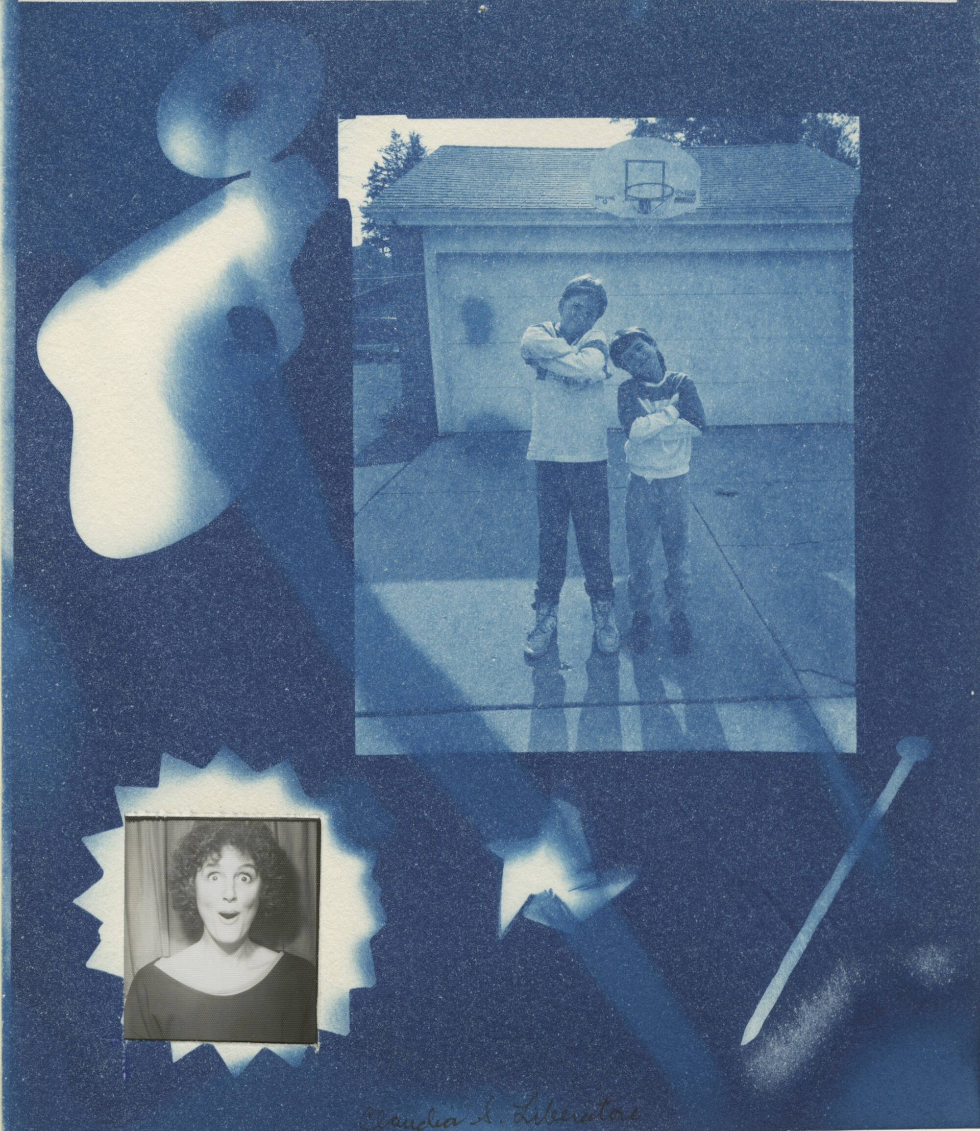Blue cyanotype image with a photograph of two boys in front of a garage, with the outline of a tool overlaying the image. Also includes black adn white image of the artist.